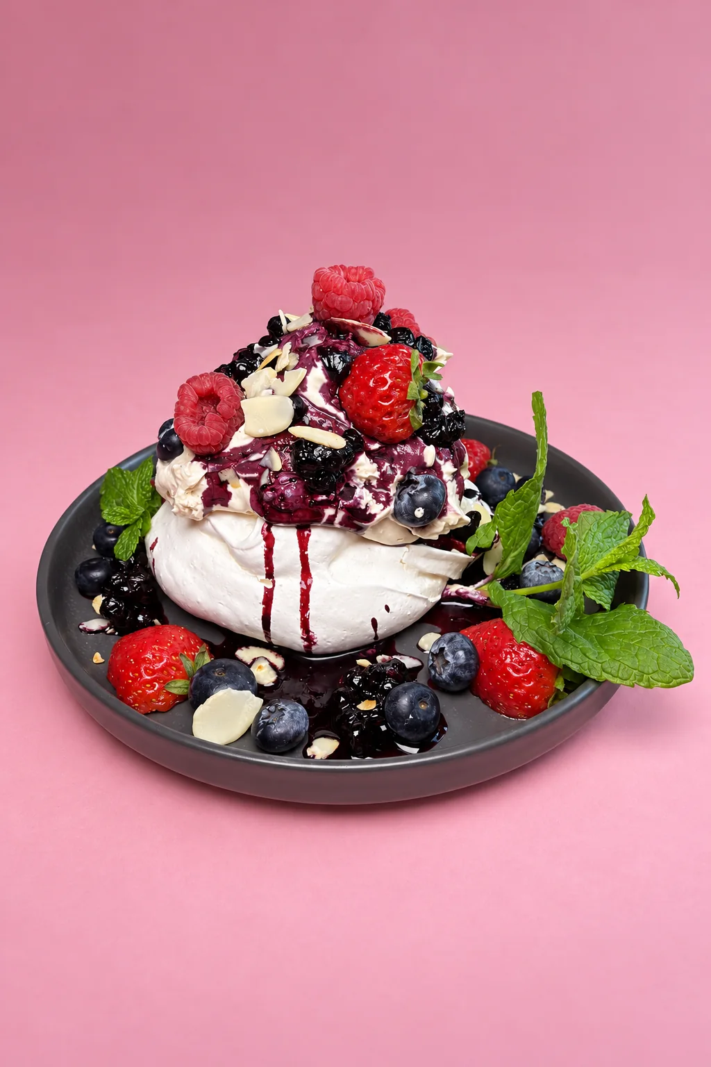 Meringue dessert with cream, berries and mint on a dark plate against a pink background